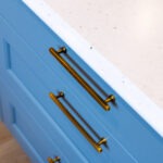 Close up of blue island with brass handles